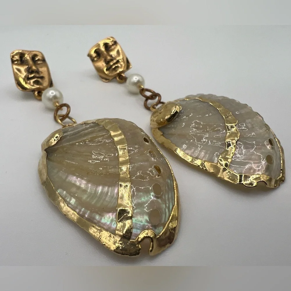 Abalone sea shell earrings gold edged - pierced